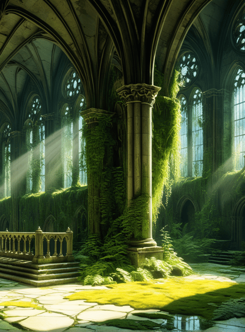cathedral, columns, ferns, mosaic, vines, stained glass, sunlight, stone, arches, moss