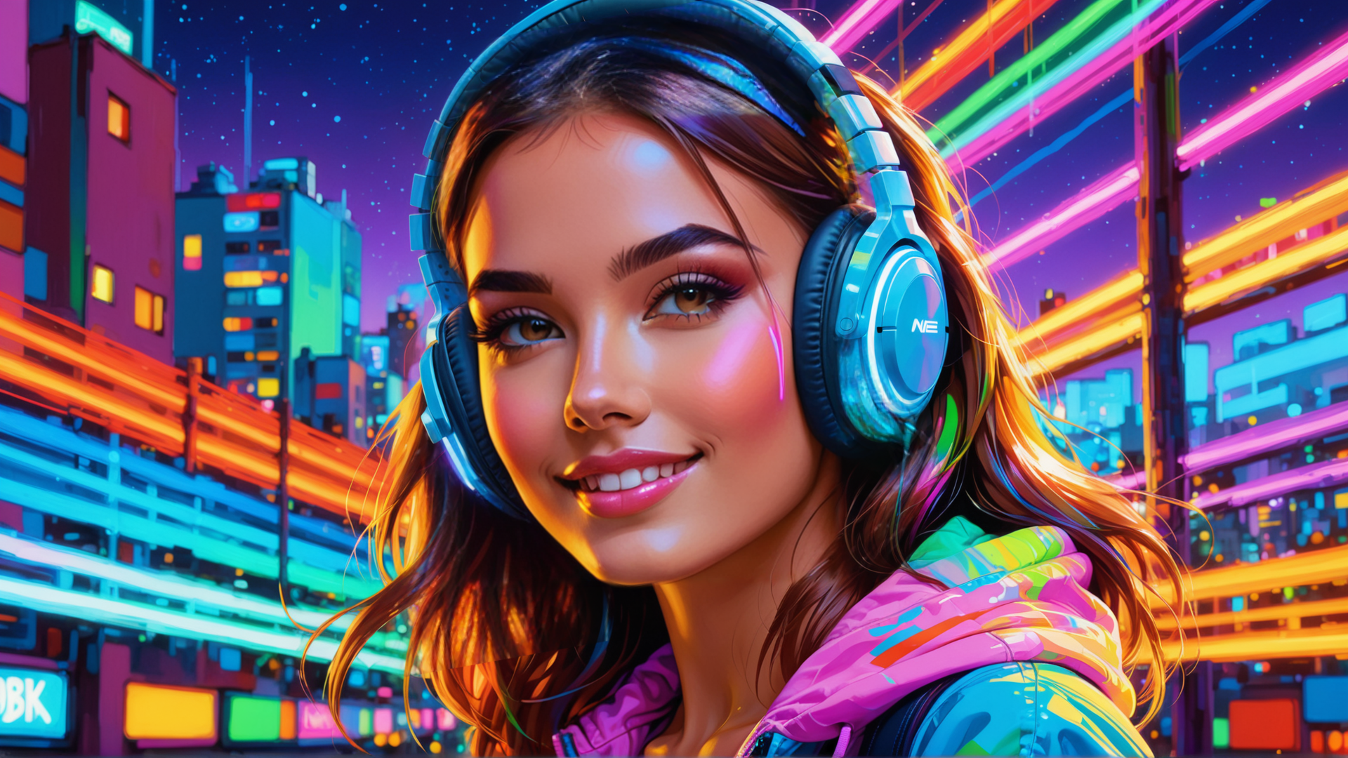 AI generated wallpaper featuring woman, headphones, city