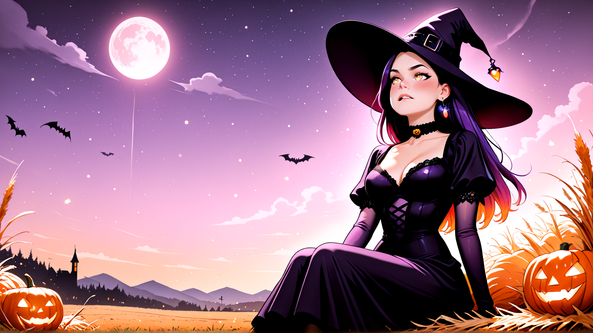 AI generated wallpaper featuring witch, pumpkin, bat, moon, field, castle, grass