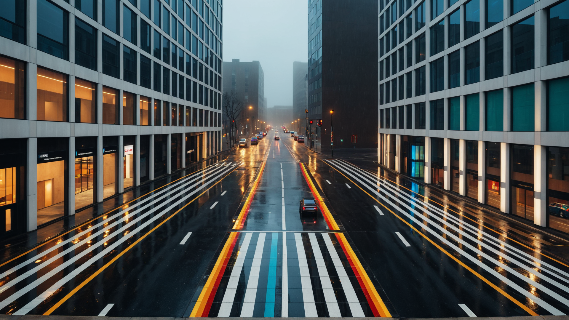 AI generated wallpaper featuring street, buildings, road, cars, traffic lights, crosswalk, cityscape, urban, skyscrapers, rain