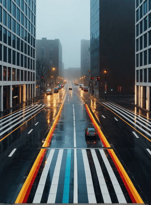 street, buildings, road, cars, traffic lights, crosswalk, cityscape, urban, skyscrapers, rain