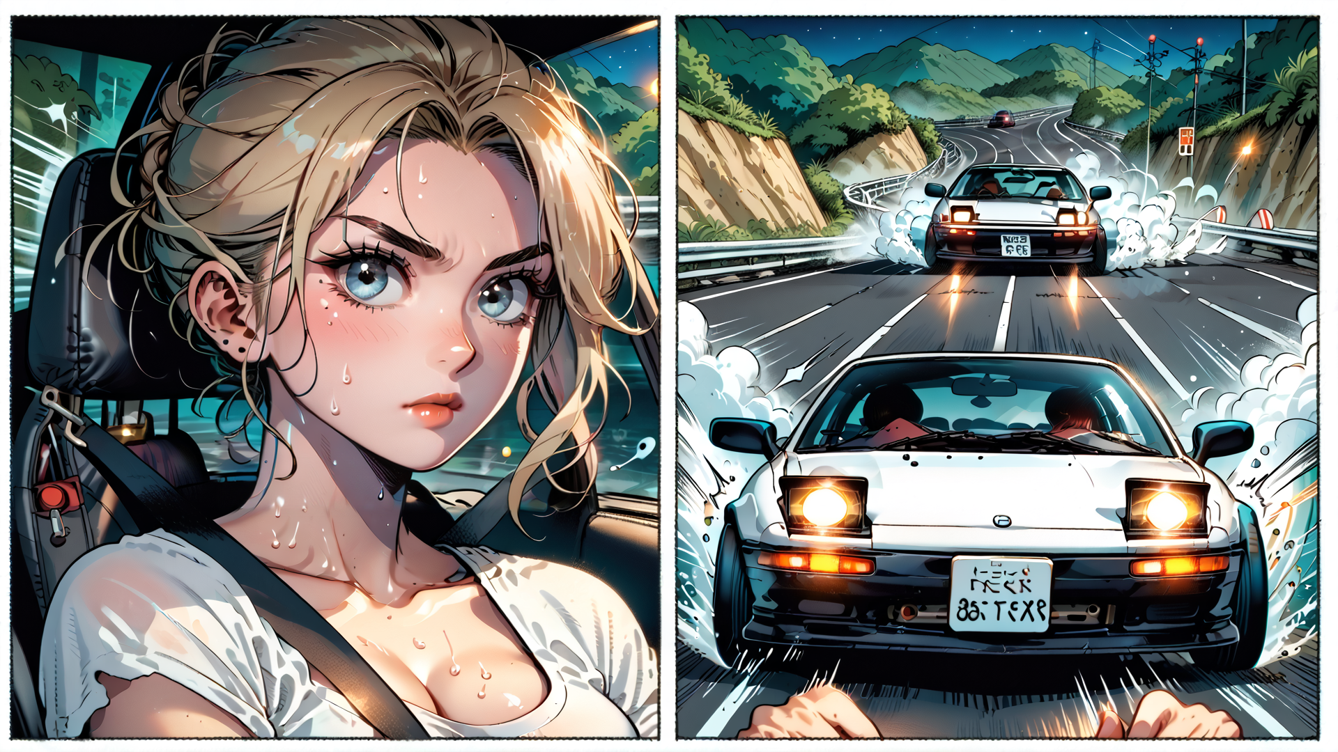 AI generated wallpaper featuring woman, car, road, driving, nissan, sweat