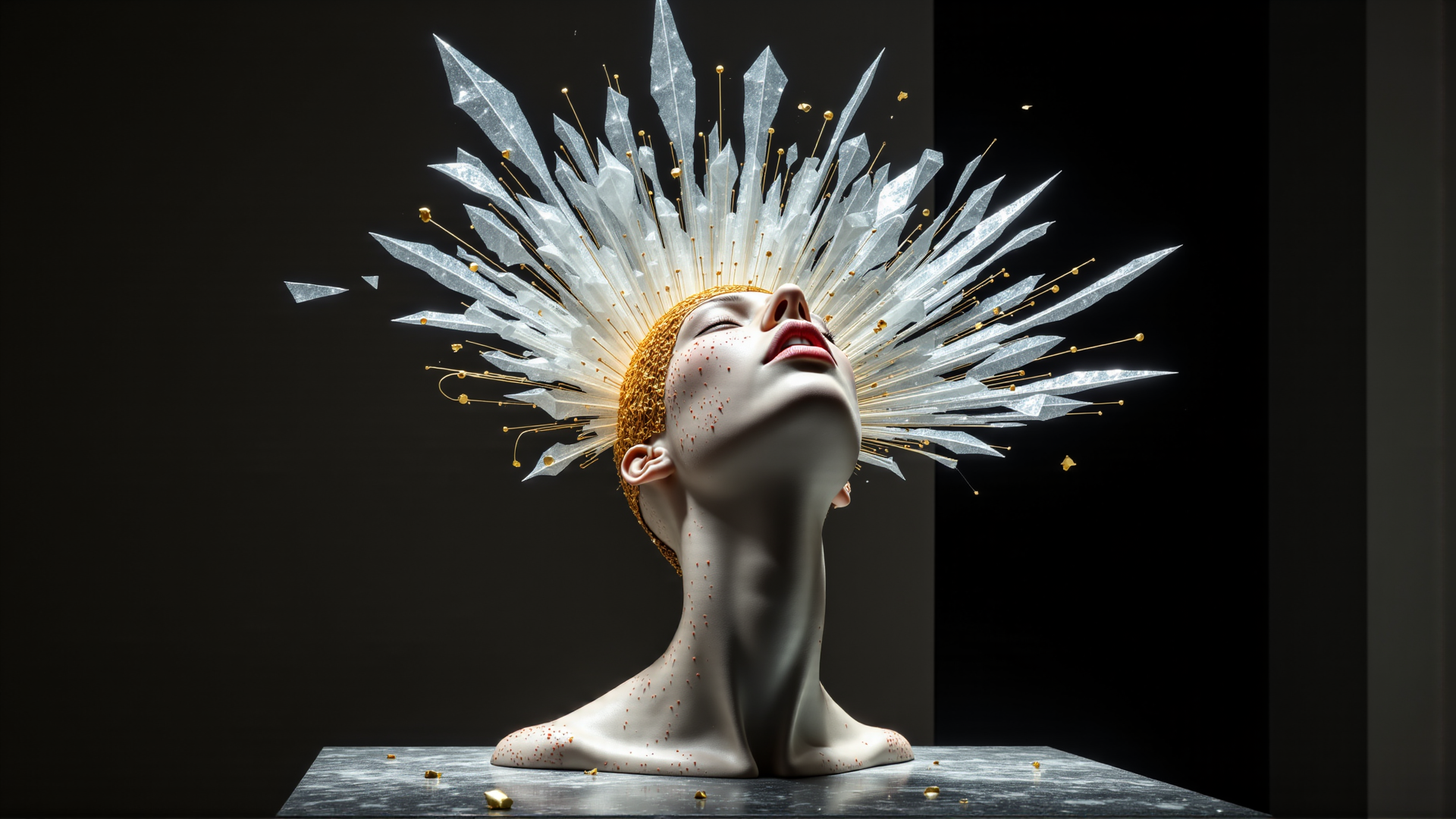 AI generated wallpaper featuring statue, woman, crystals, gold, glass
