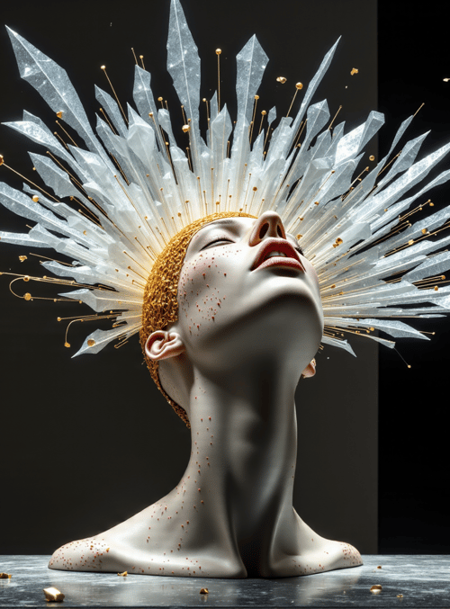 statue, woman, crystals, gold, glass