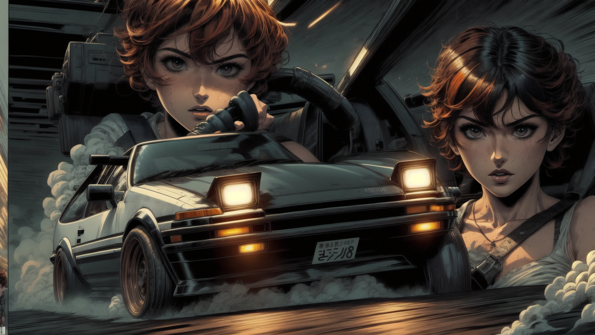 AI generated wallpaper featuring car, driver, passenger, drift, tuner, wheels, headlights, license plate, hair, sweat