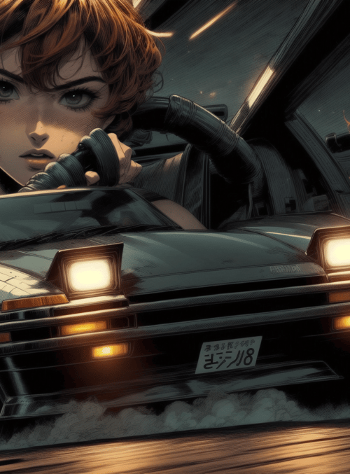 car, driver, passenger, drift, tuner, wheels, headlights, license plate, hair, sweat