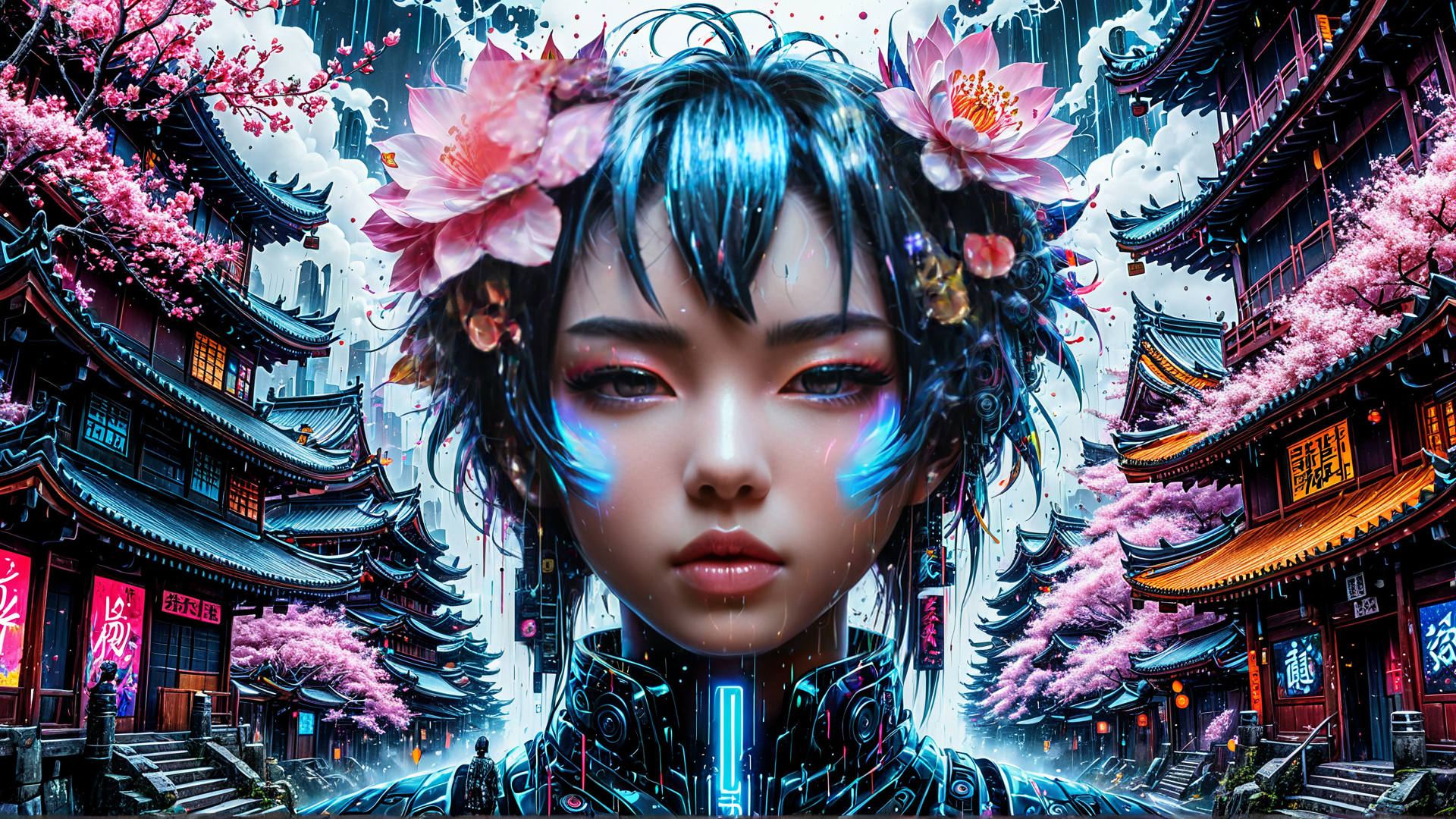 AI generated wallpaper featuring cyberpunk, geisha, cherry blossoms