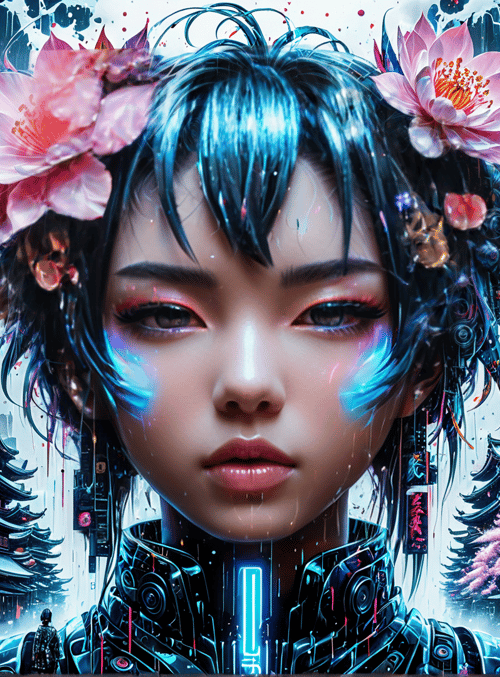 cyberpunk, geisha, cherry blossoms