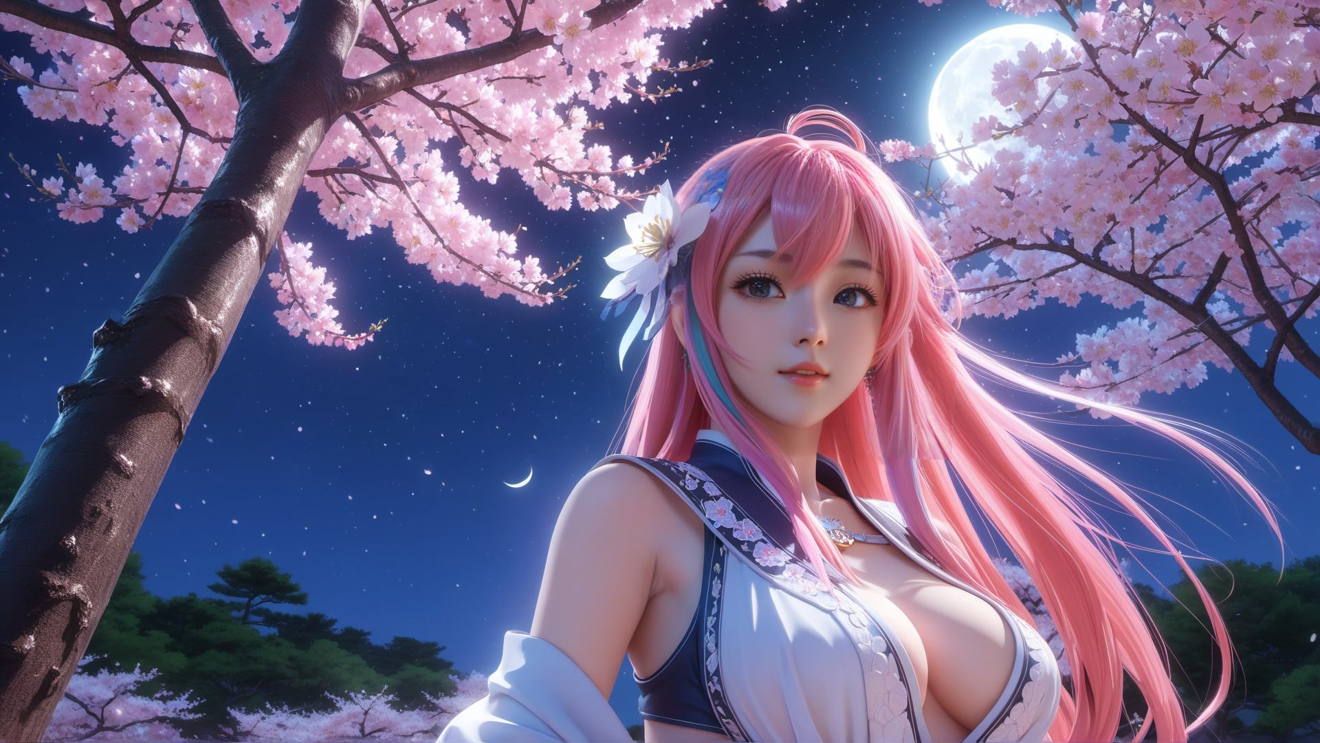 AI generated wallpaper featuring girl, cherry tree, moon