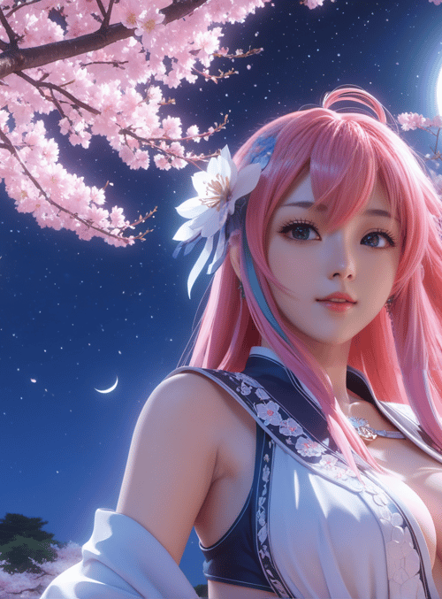 girl, cherry tree, moon