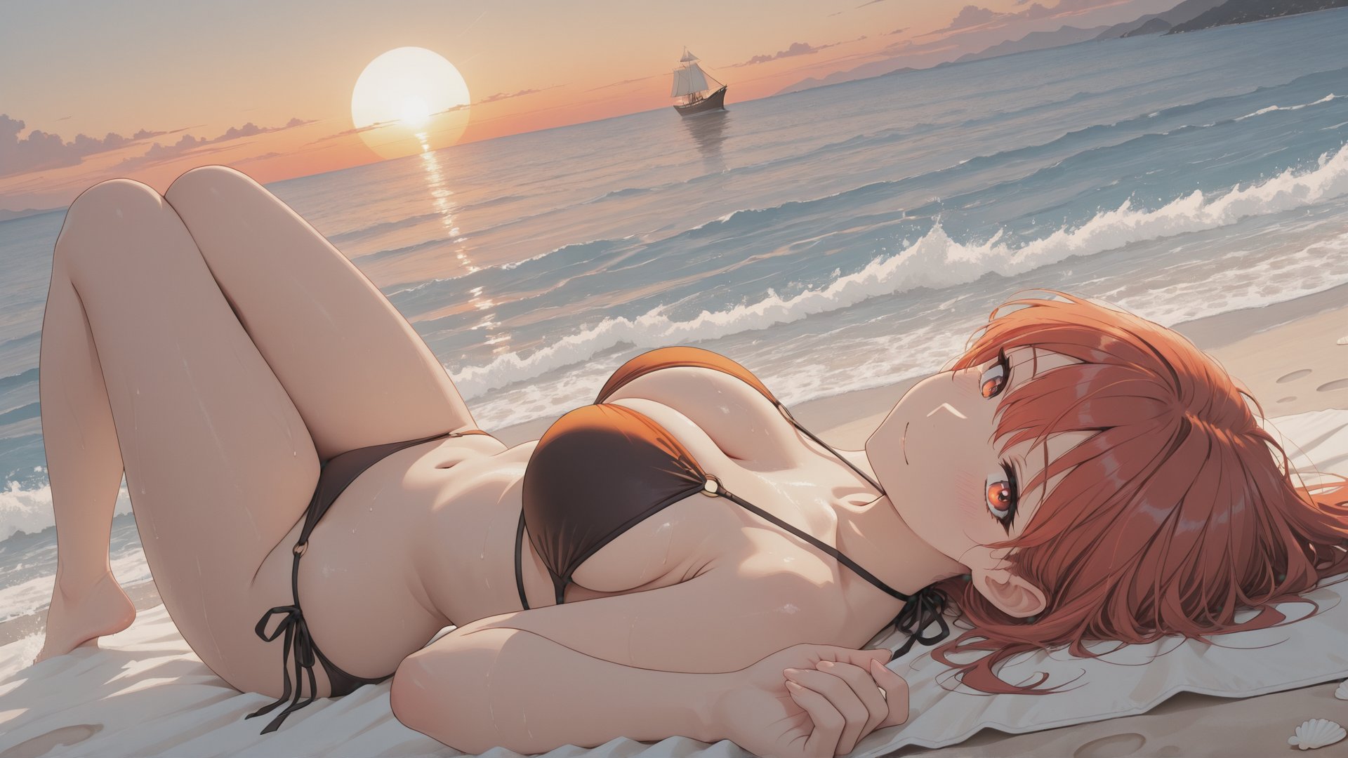 AI generated wallpaper featuring woman, beach, sun, ocean, sailboat, towel, sand, wet, hair