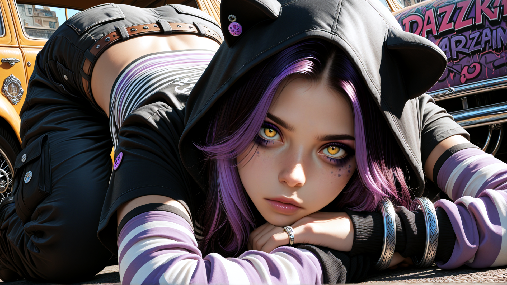 AI generated wallpaper featuring girl, hoodie, car, bikes, bandana, bracelet, tattoo, graffiti, sweater, truck