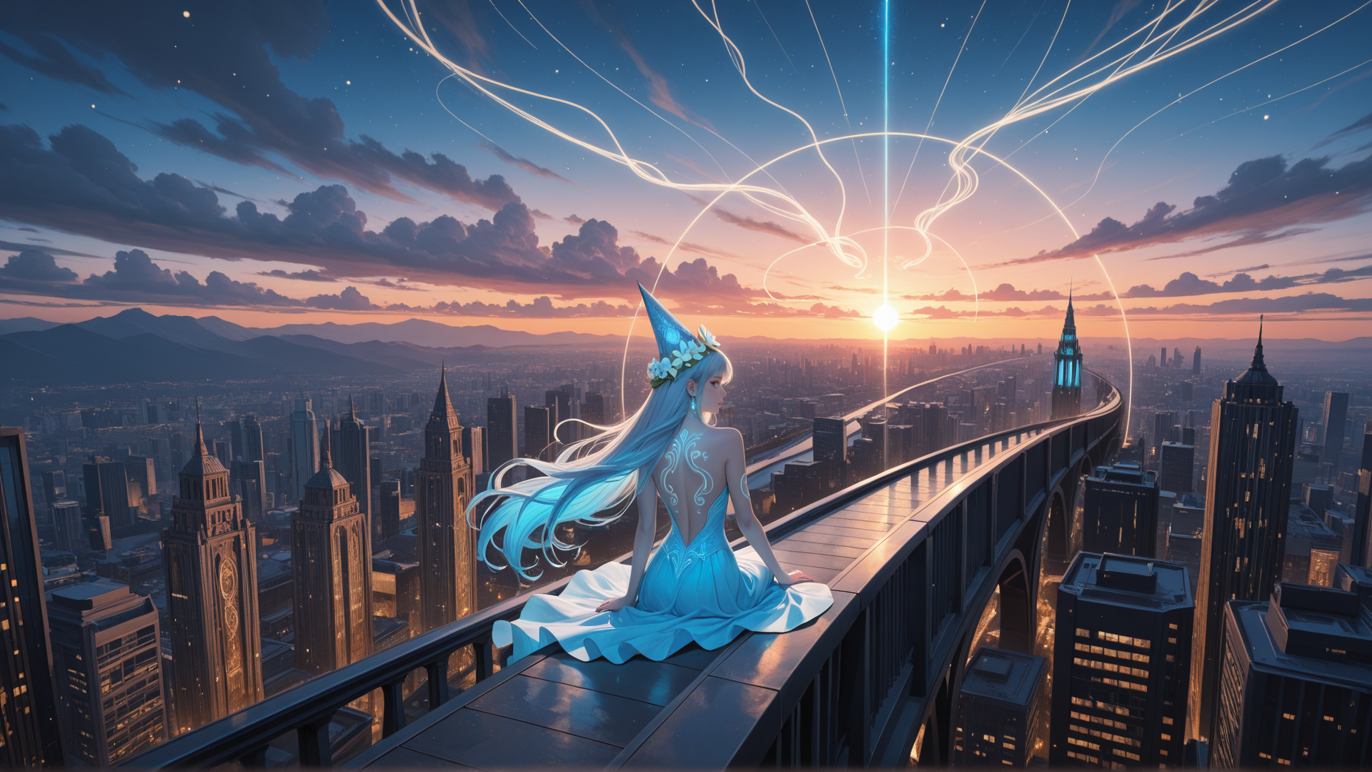 AI generated wallpaper featuring fairy, cityscape, bridge, sunset, sun, clouds, tower, dress, hair, hat