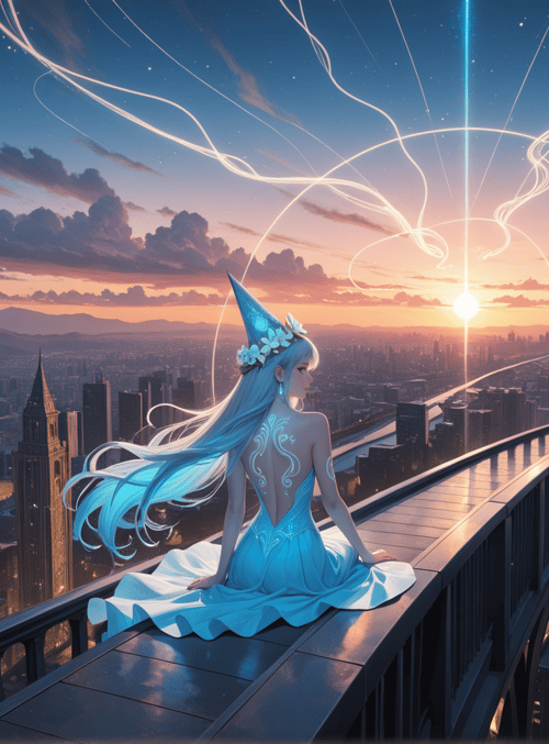 fairy, cityscape, bridge, sunset, sun, clouds, tower, dress, hair, hat