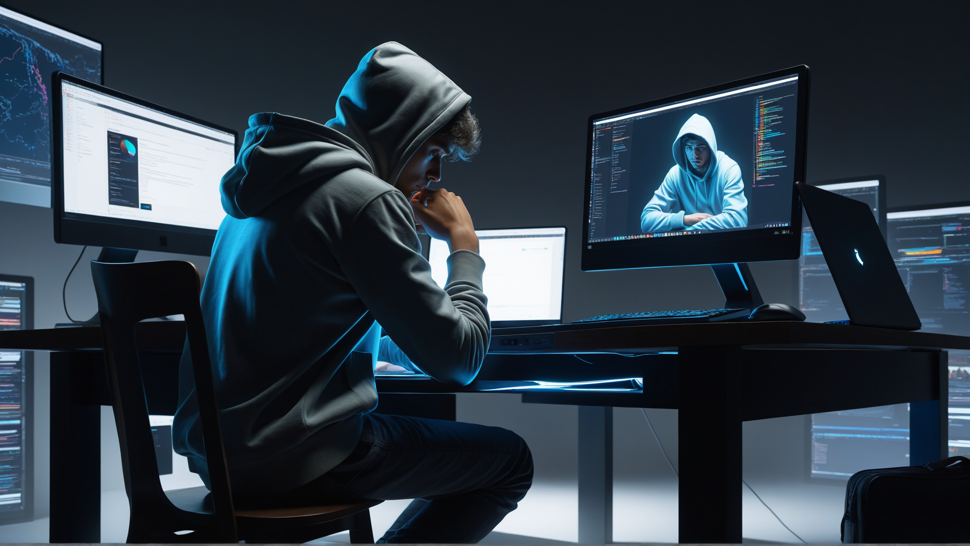 AI generated wallpaper featuring hacker, computer, monitor