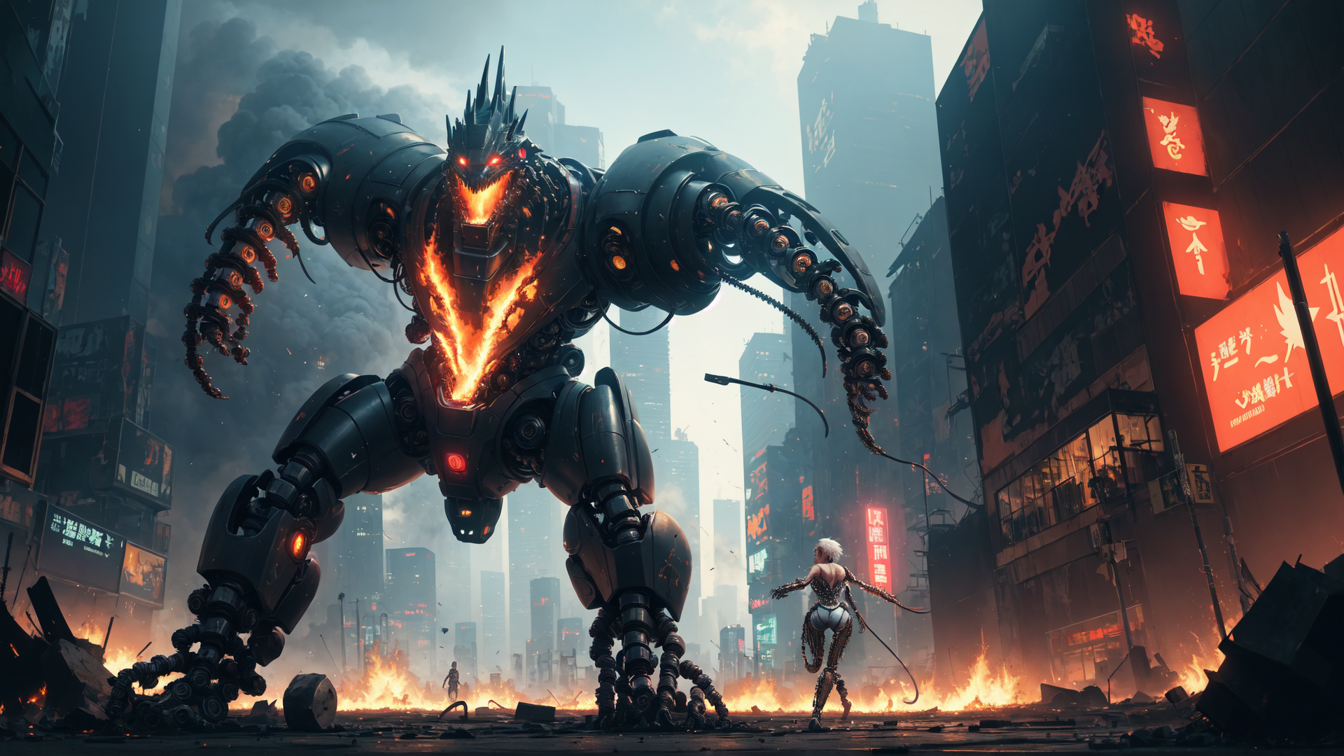 AI generated wallpaper featuring robot, city, fire, warrior, skyscraper, smoke, debris, signboard, fist, spear