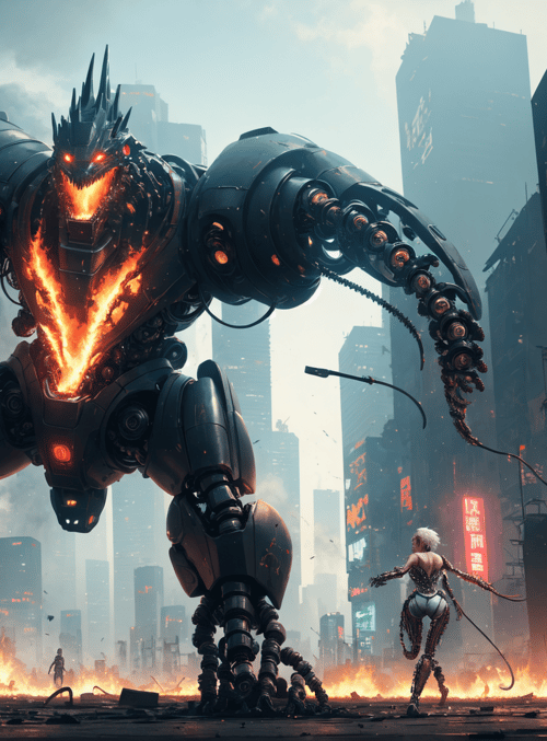robot, city, fire, warrior, skyscraper, smoke, debris, signboard, fist, spear