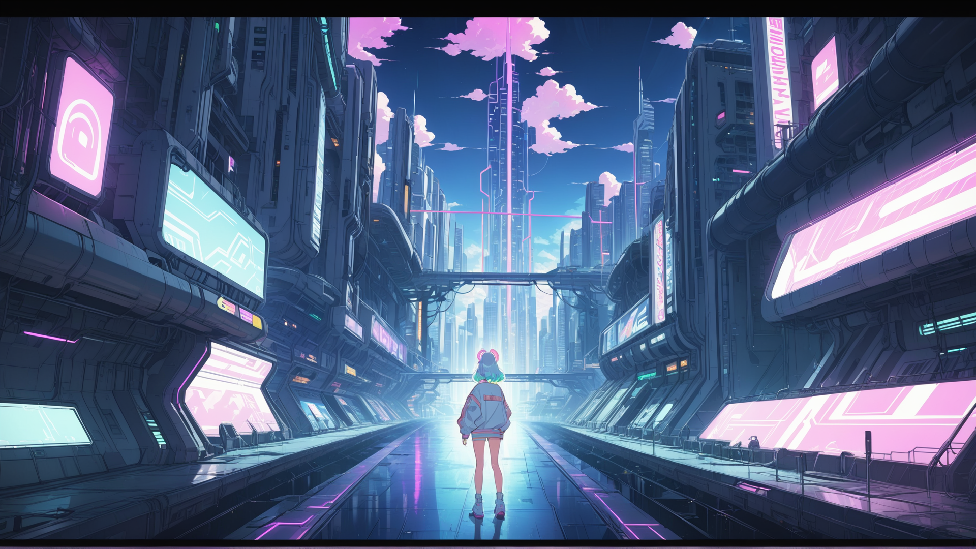 AI generated wallpaper featuring girl, cityscape, skyscrapers