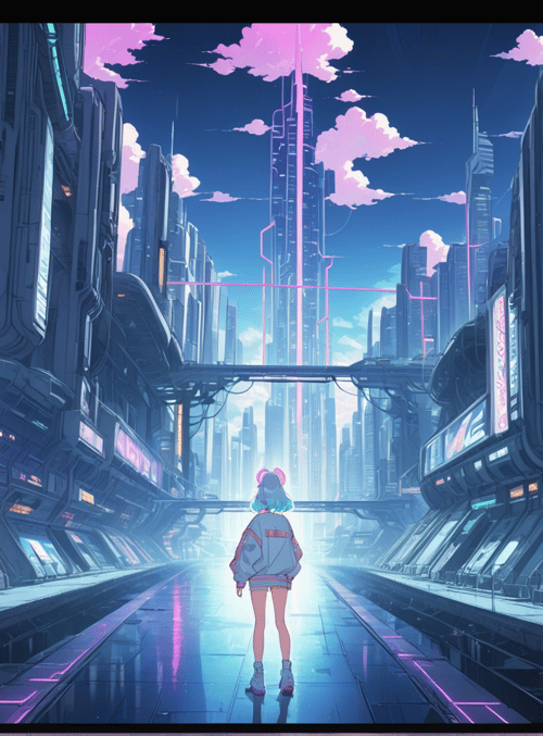 girl, cityscape, skyscrapers