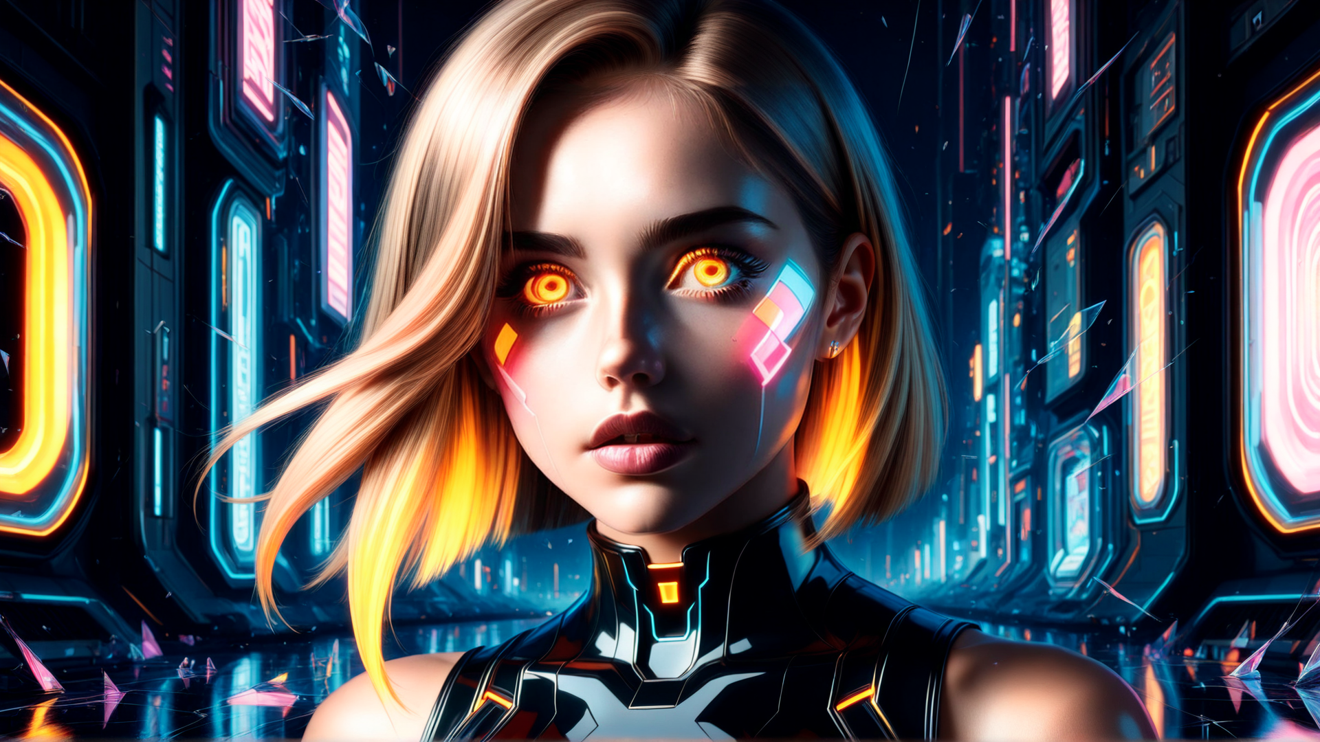 AI generated wallpaper featuring cyborg, woman, neon, cityscape, futuristic
