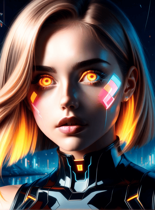 cyborg, woman, neon, cityscape, futuristic