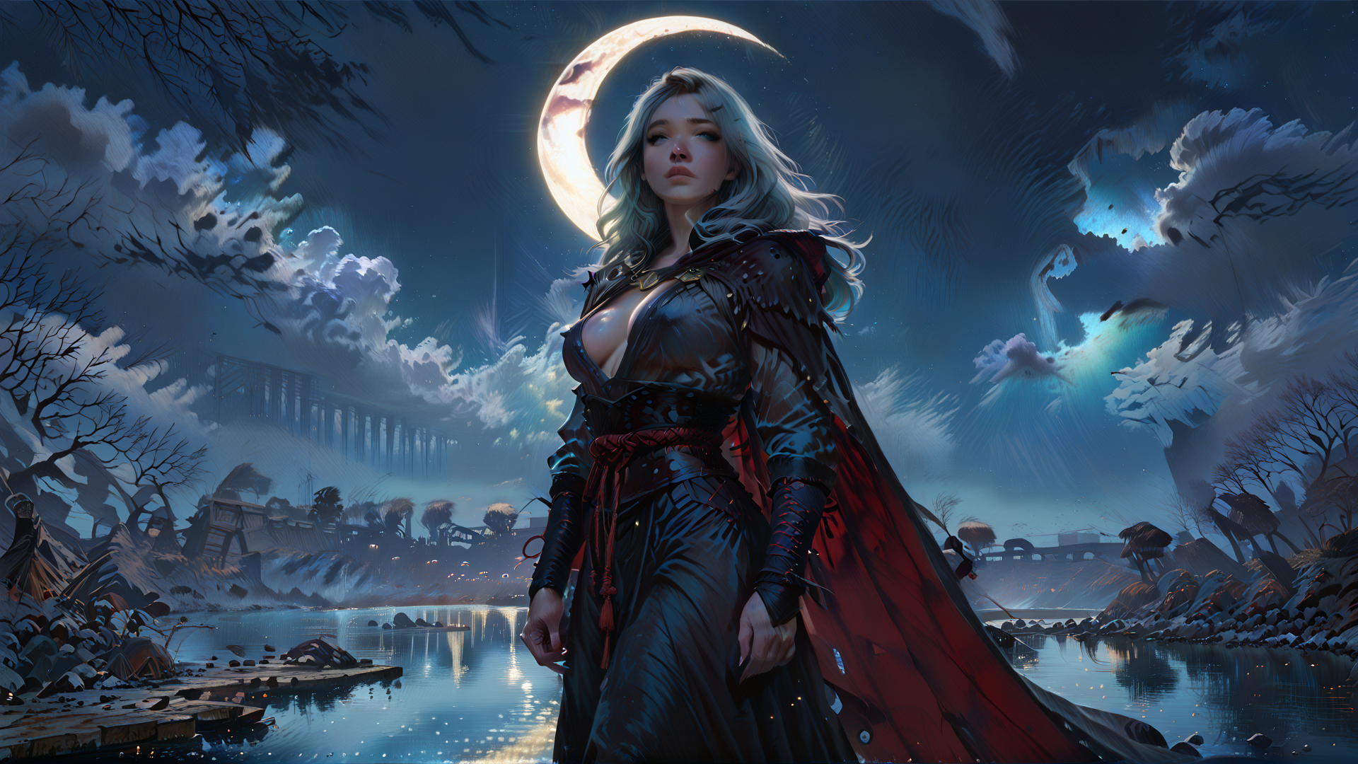 AI generated wallpaper featuring woman, moon, lake, ruins, trees