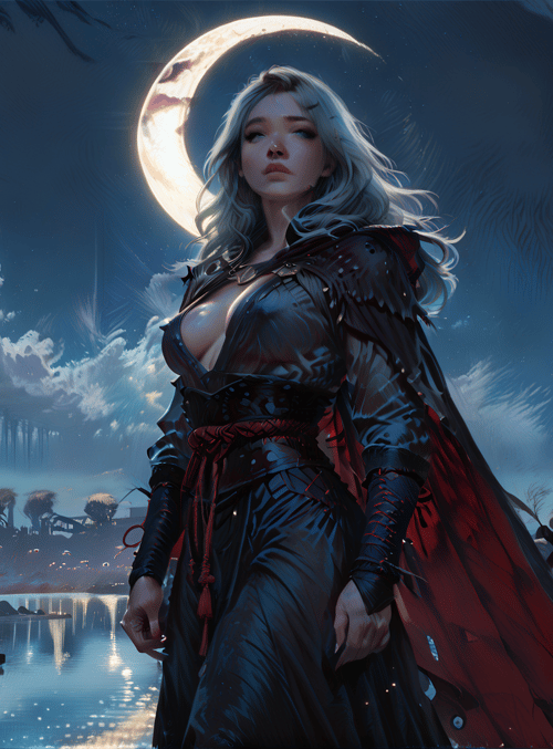 woman, moon, lake, ruins, trees