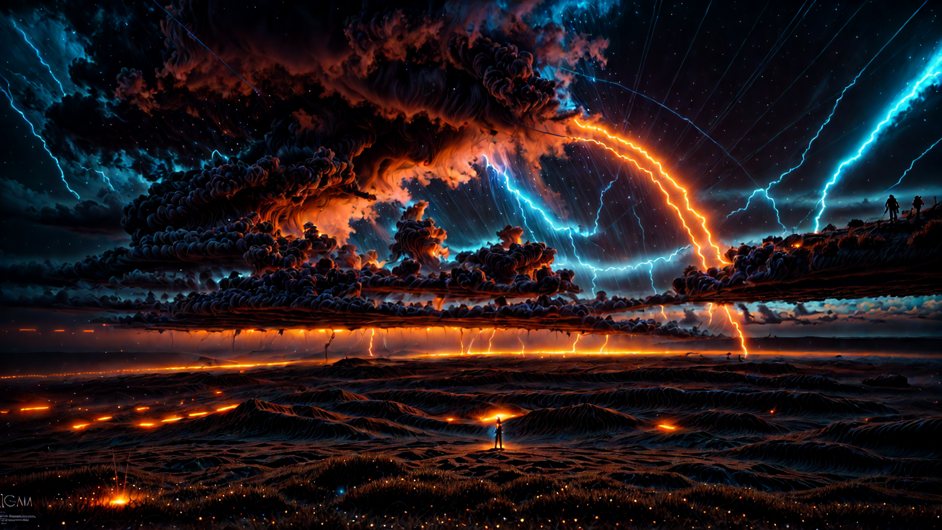 AI generated wallpaper featuring person, cloud, lightning, landscape, sky, mountain, fire, grass, star, silhouette
