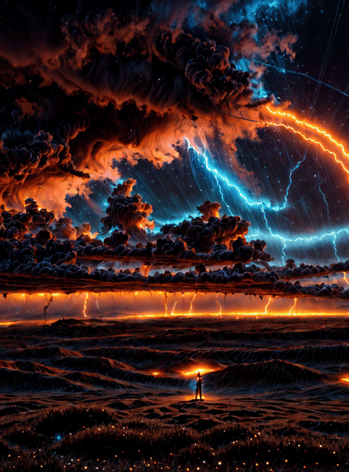 person, cloud, lightning, landscape, sky, mountain, fire, grass, star, silhouette
