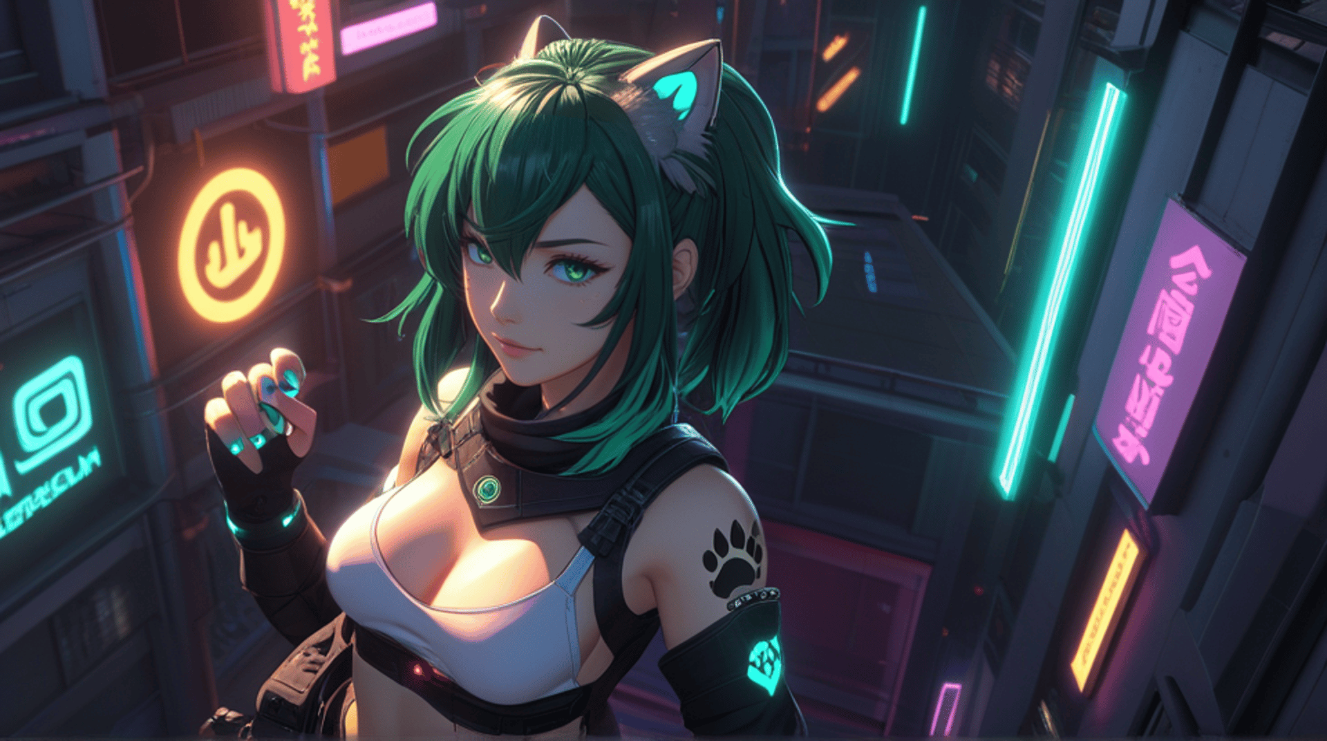 AI generated wallpaper featuring cyberpunk girl, cat ears, neon