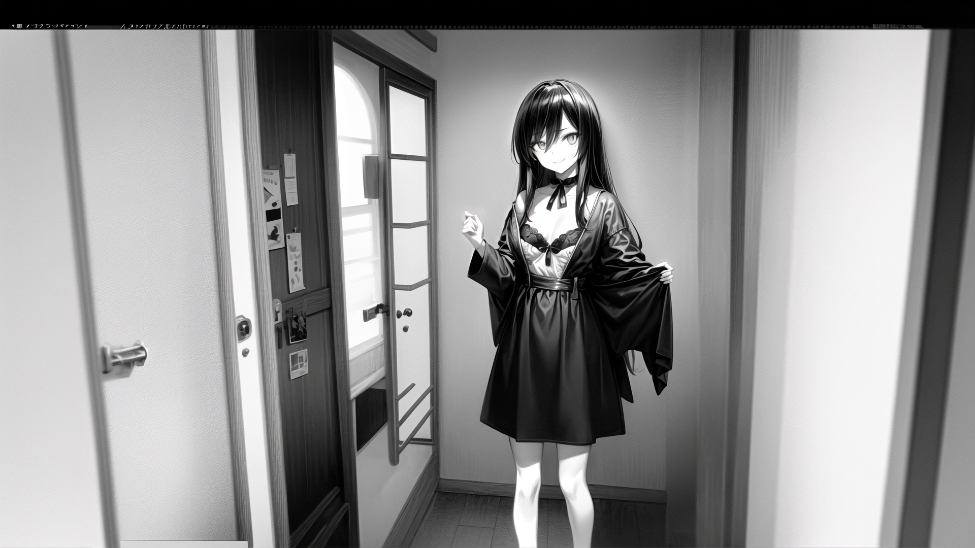 AI generated wallpaper featuring anime girl, corridor, door