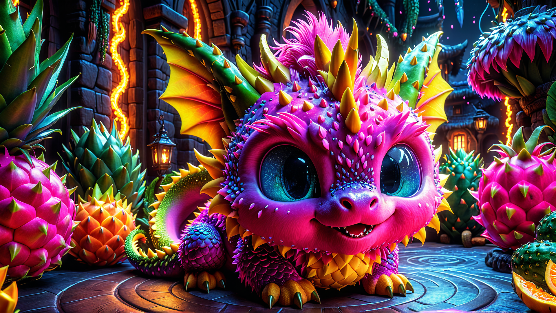 AI generated wallpaper featuring dragon, fruit, castle