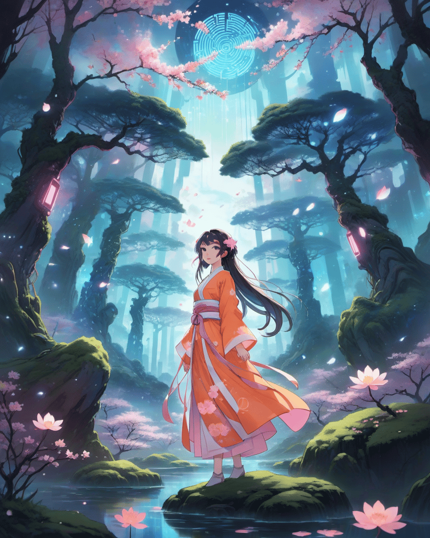 AI generated wallpaper featuring girl, cherry blossom, forest