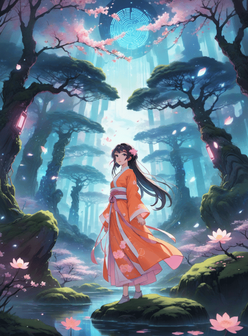 girl, cherry blossom, forest