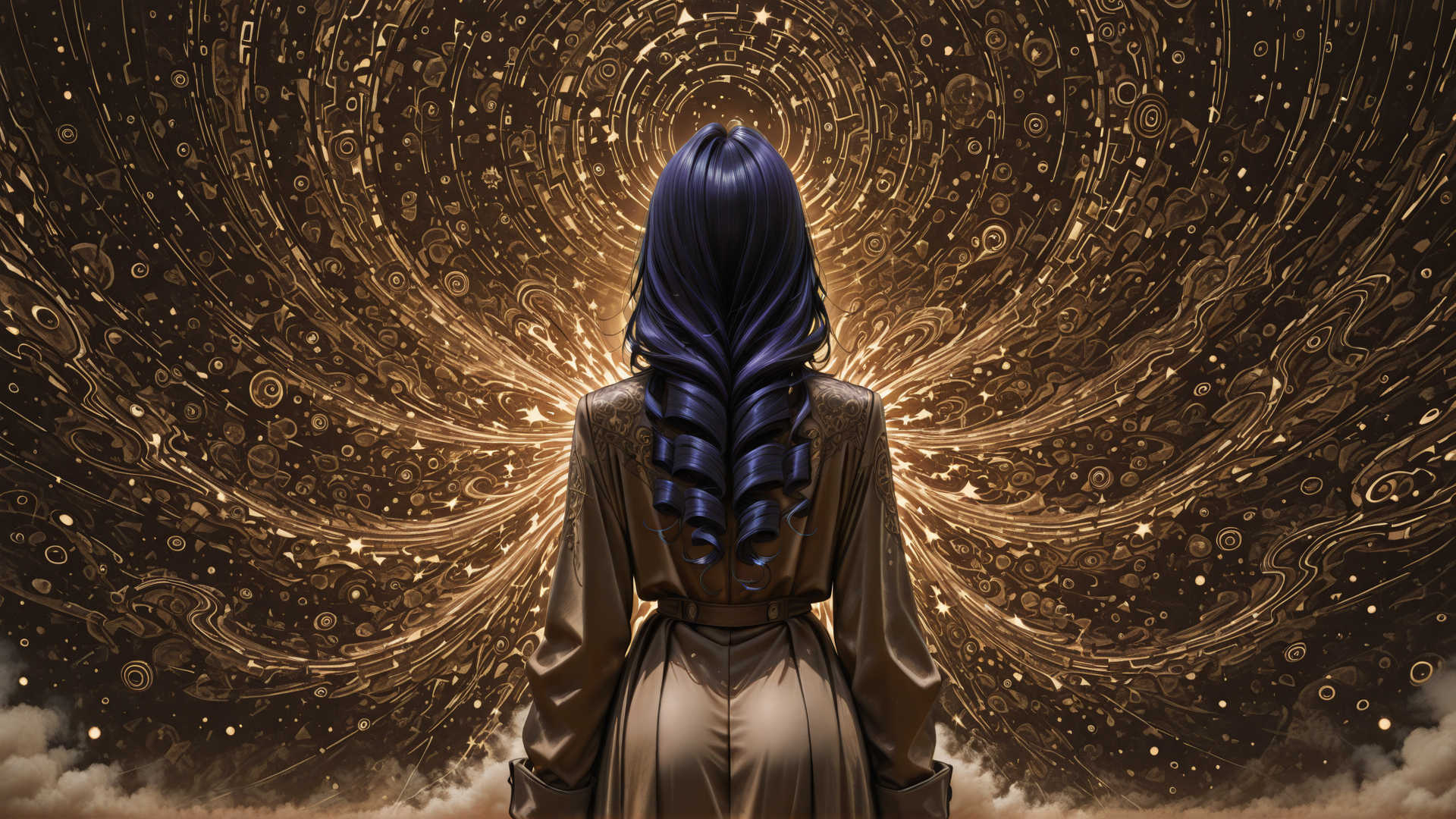 AI generated wallpaper featuring woman, hair, cosmic