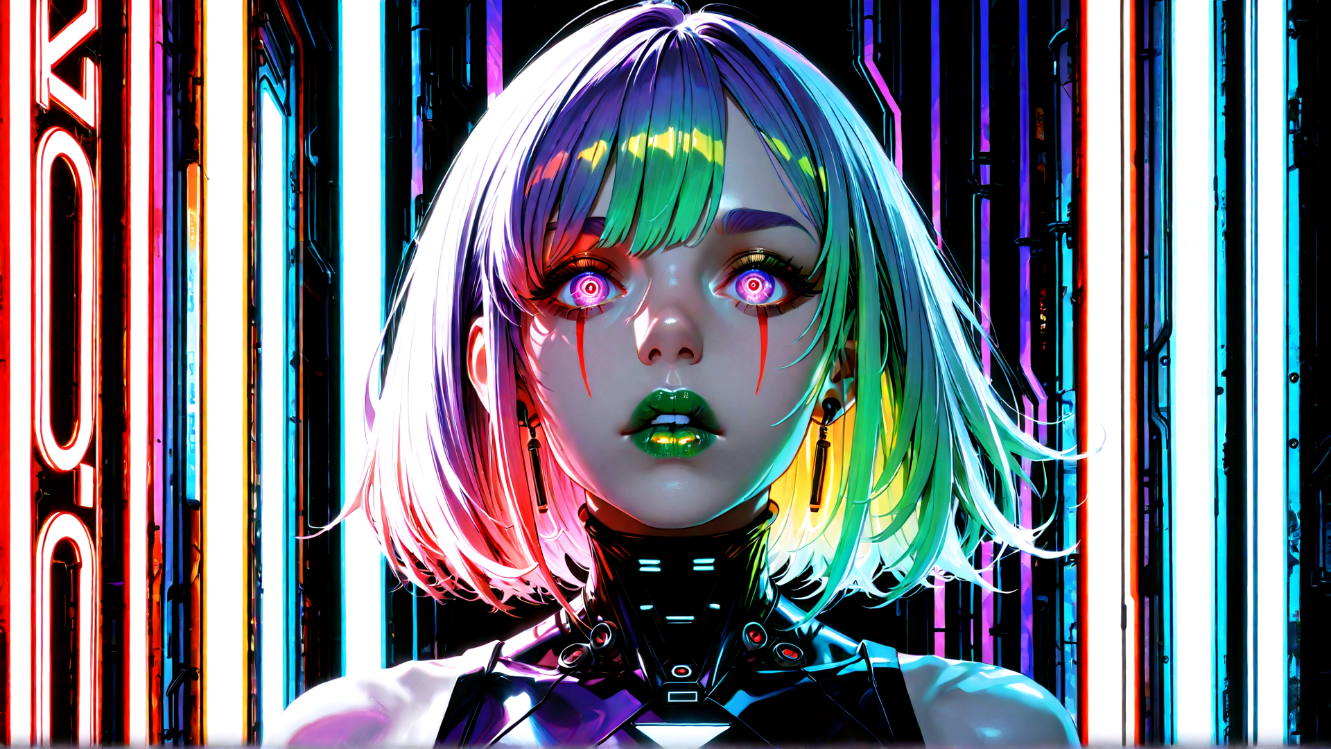 AI generated wallpaper featuring cyborg, neon, futurism, anime, character, glowing, hologram, digital, punk, robot