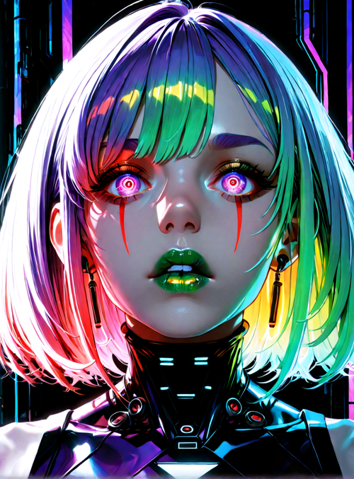 cyborg, neon, futurism, anime, character, glowing, hologram, digital, punk, robot