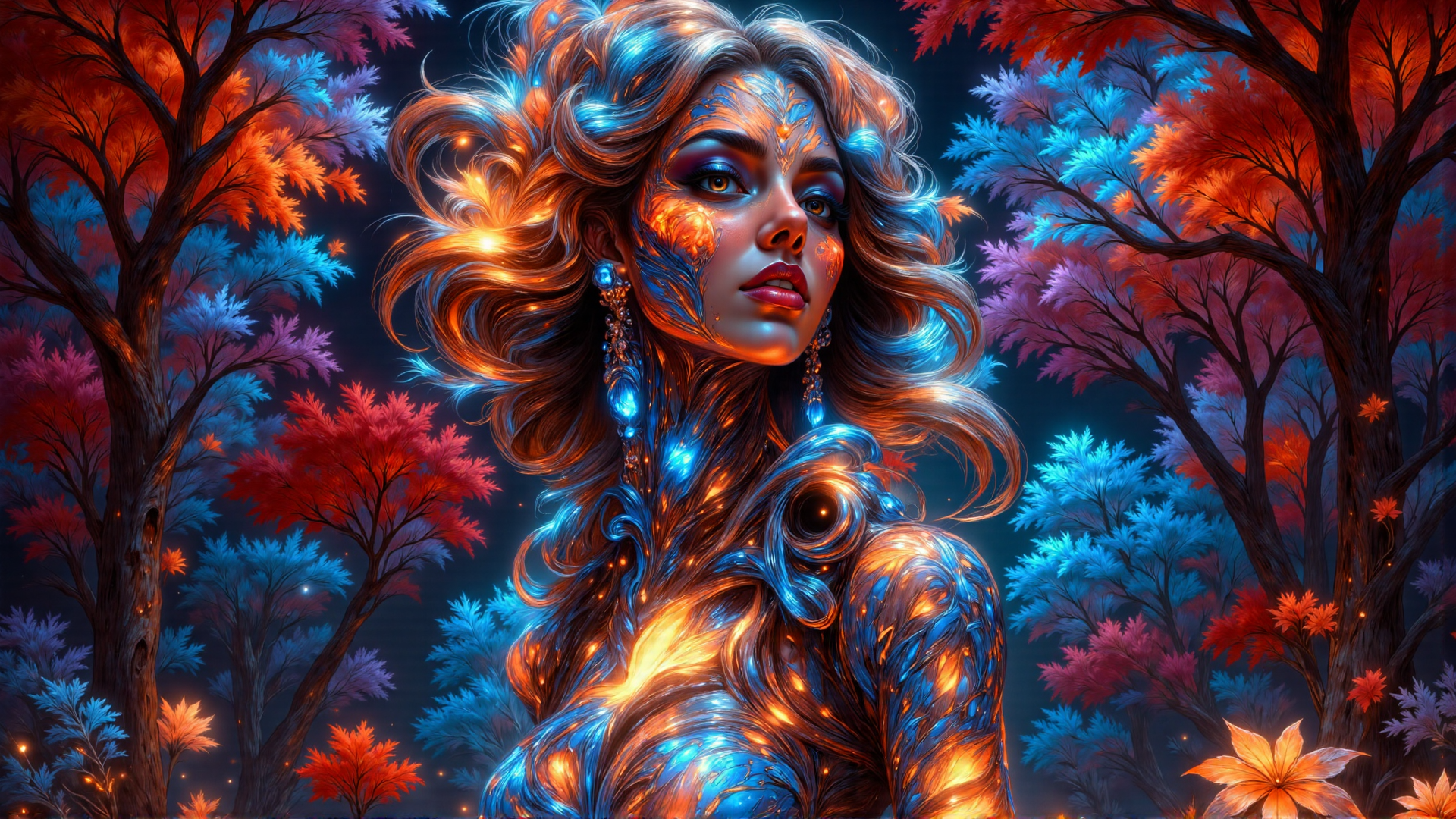 AI generated wallpaper featuring woman, trees, forest, leaves, art, nature, glowing, hair, ornament, flower