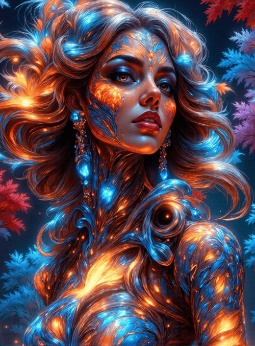 woman, trees, forest, leaves, art, nature, glowing, hair, ornament, flower