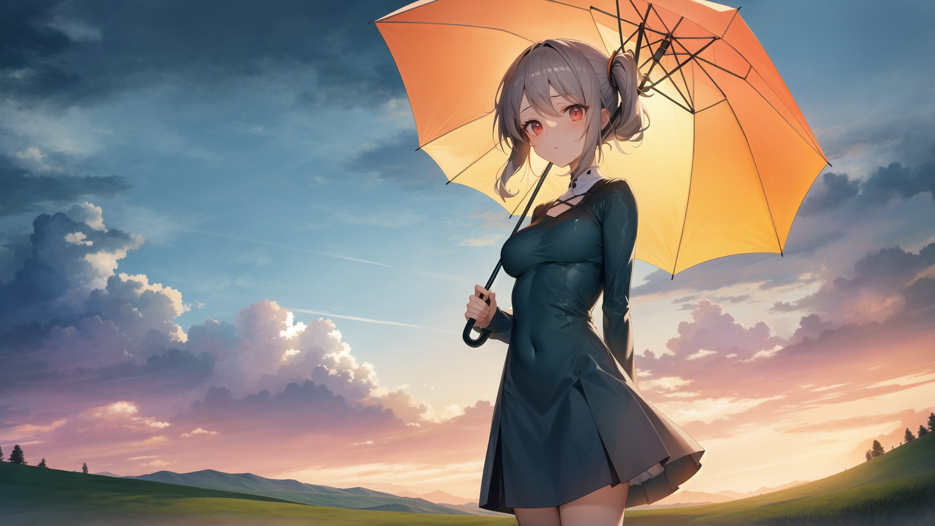 AI generated wallpaper featuring anime girl, umbrella, field