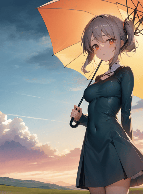 anime girl, umbrella, field