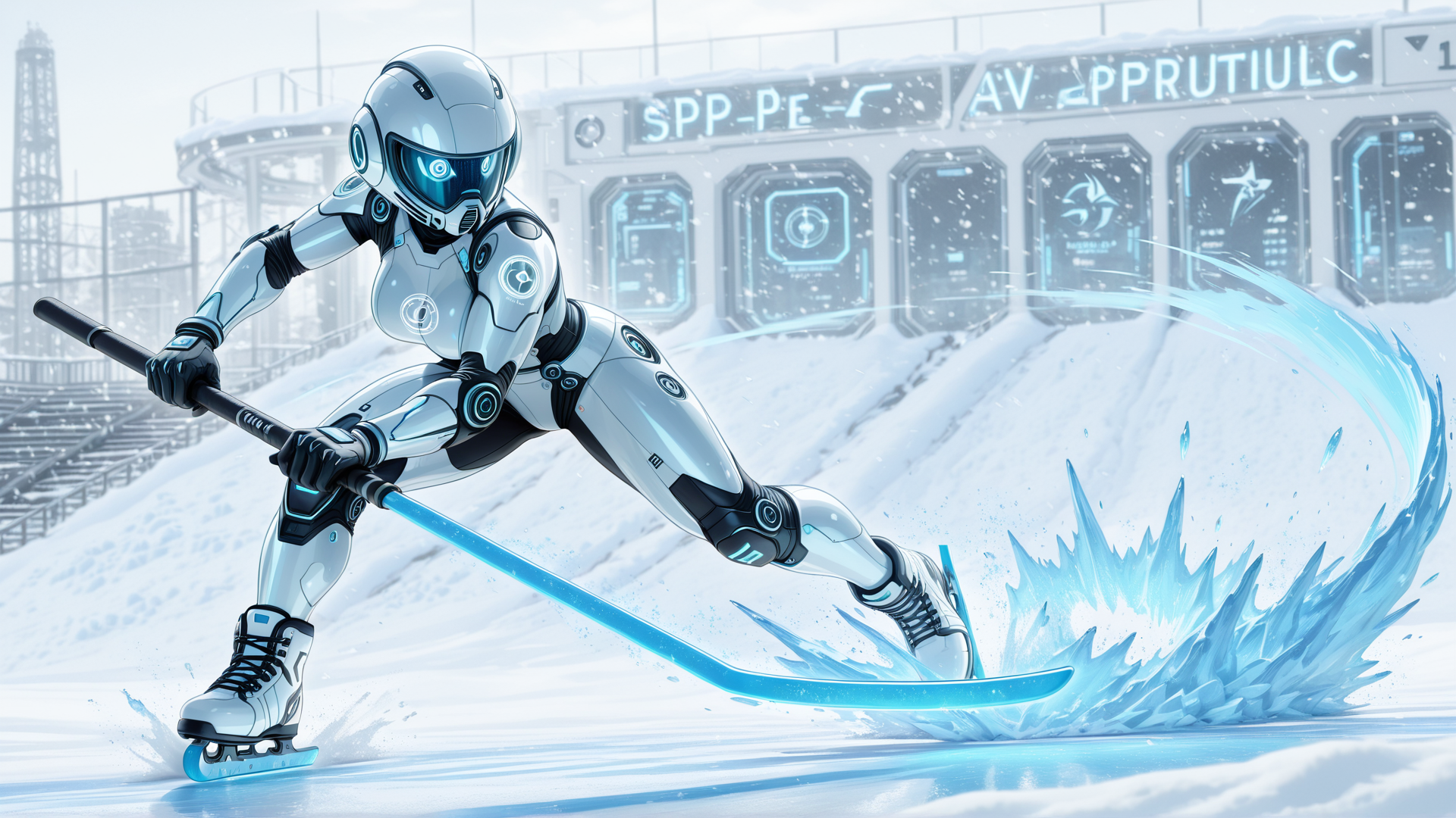 AI generated wallpaper featuring robot, hockey, skate, ice, uniform, gloves, helmet, sail, snow, ice rink