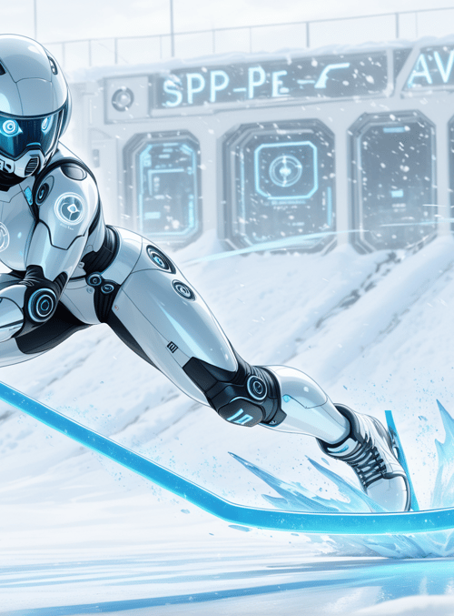 robot, hockey, skate, ice, uniform, gloves, helmet, sail, snow, ice rink