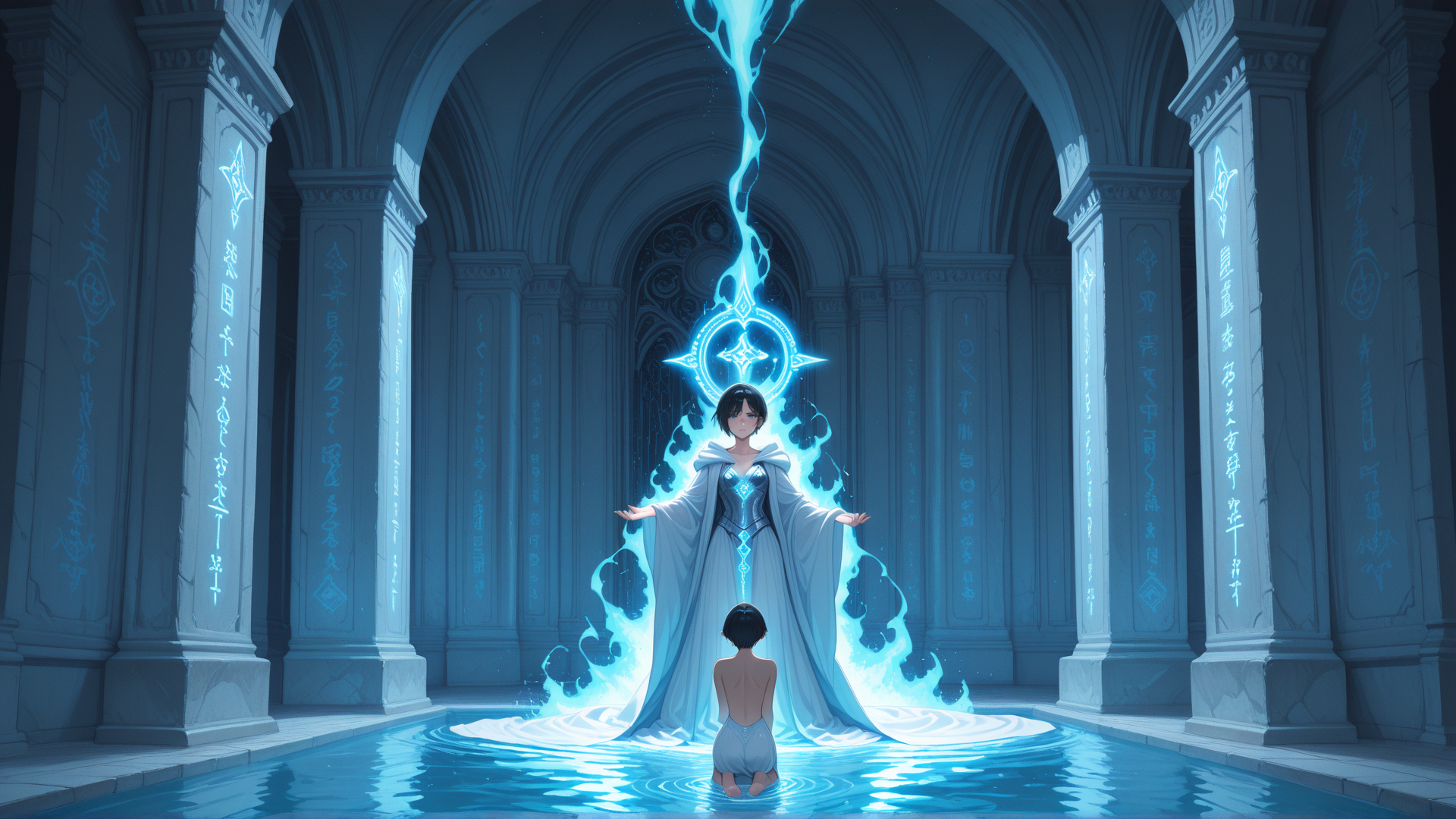 AI generated wallpaper featuring person, figure, crown, symbol, archway, column, water, light, sacred, spirit