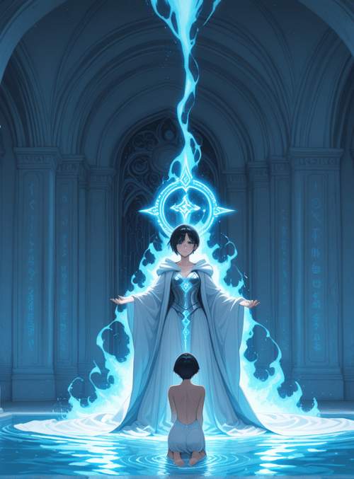 person, figure, crown, symbol, archway, column, water, light, sacred, spirit