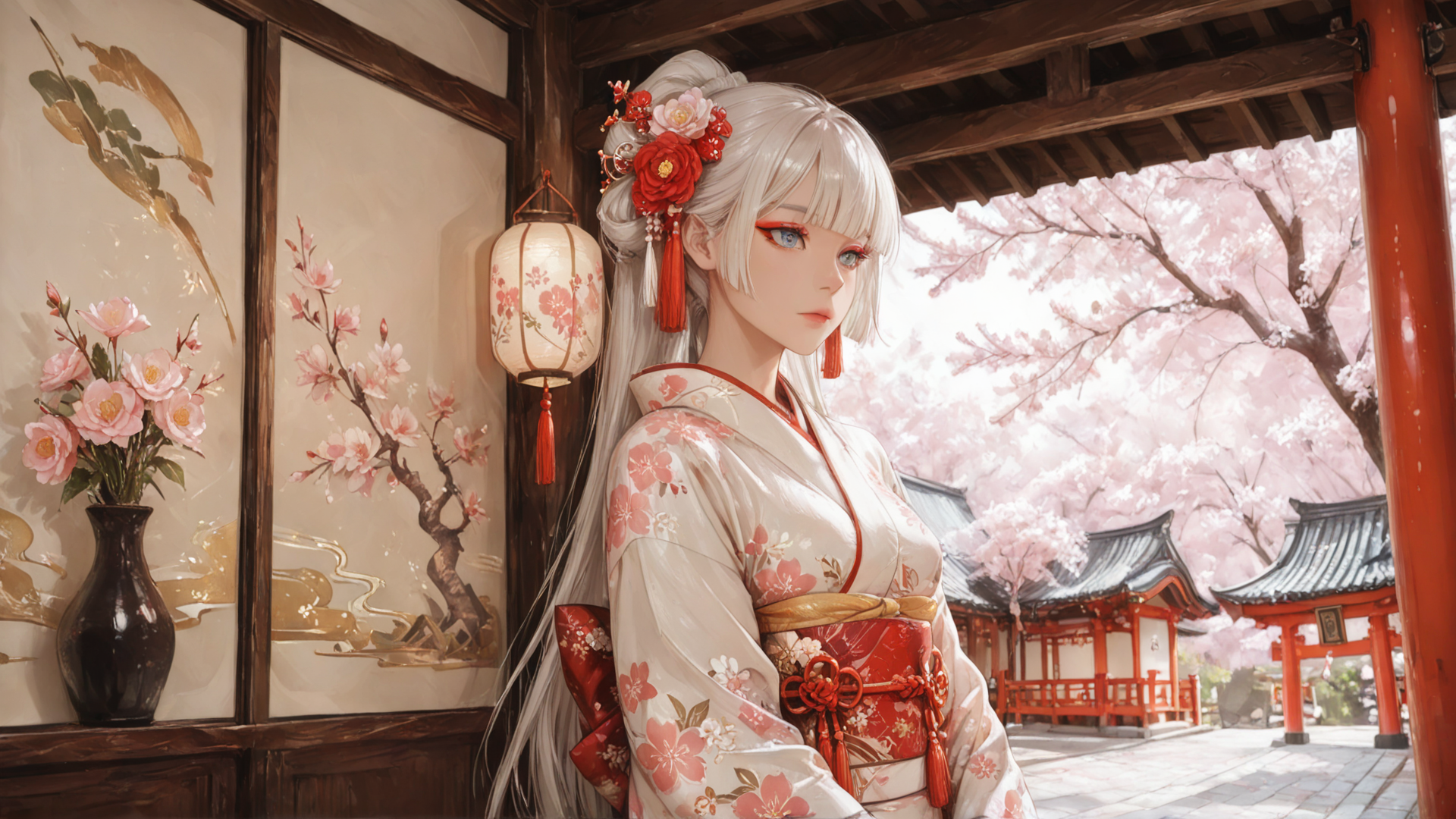 AI generated wallpaper featuring woman, kimono, cherry blossom, lantern, vase, hair accessory, traditional building, flower, sakura, sash