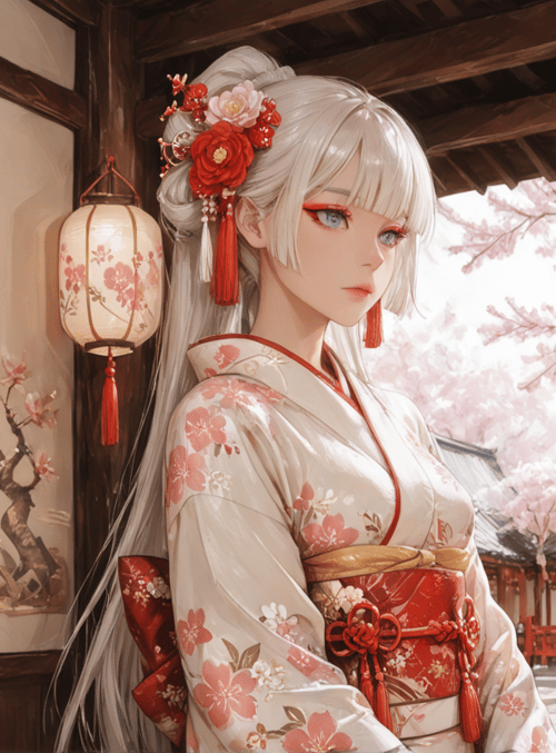 woman, kimono, cherry blossom, lantern, vase, hair accessory, traditional building, flower, sakura, sash