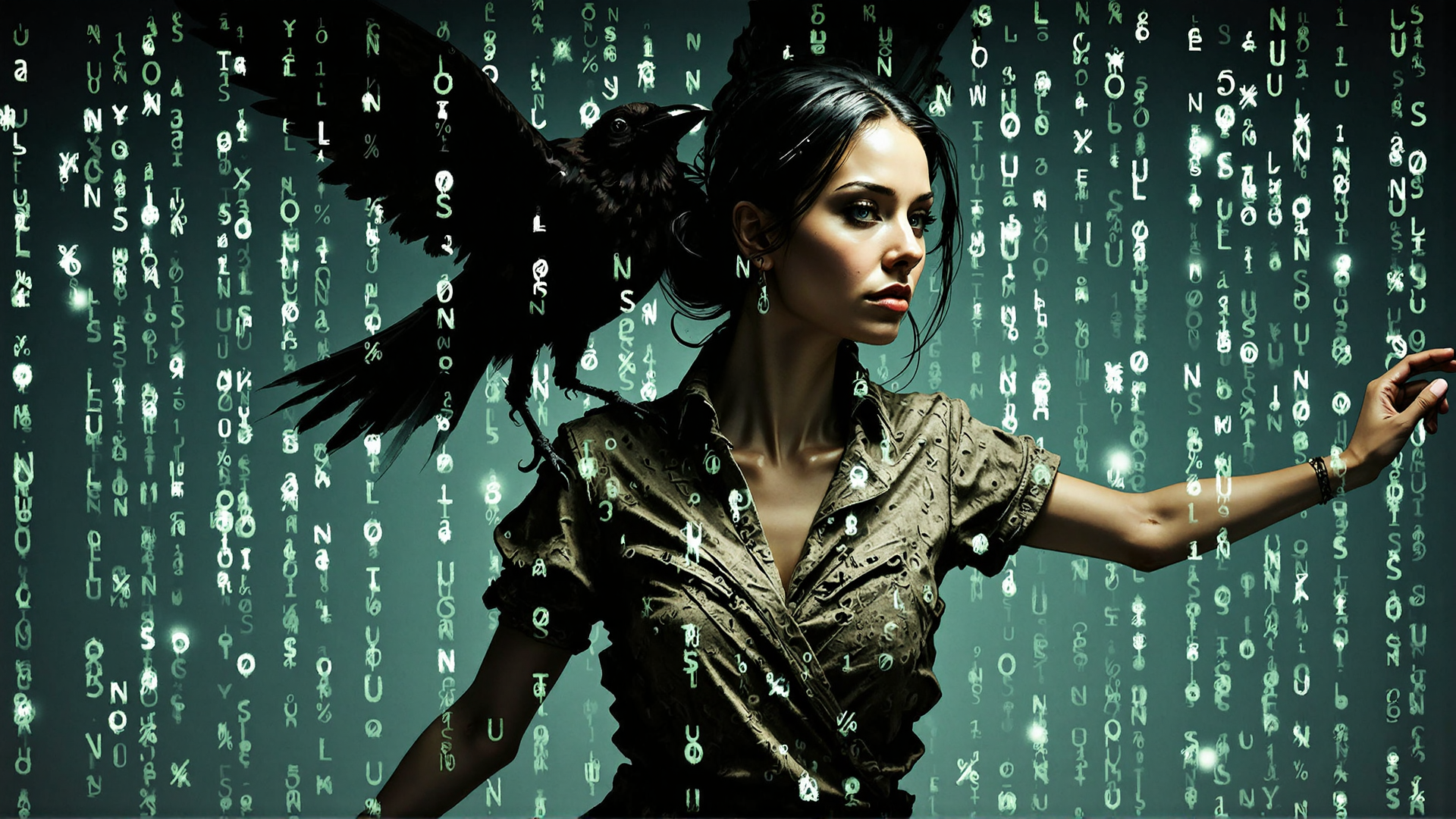 AI generated wallpaper featuring woman, crow, code