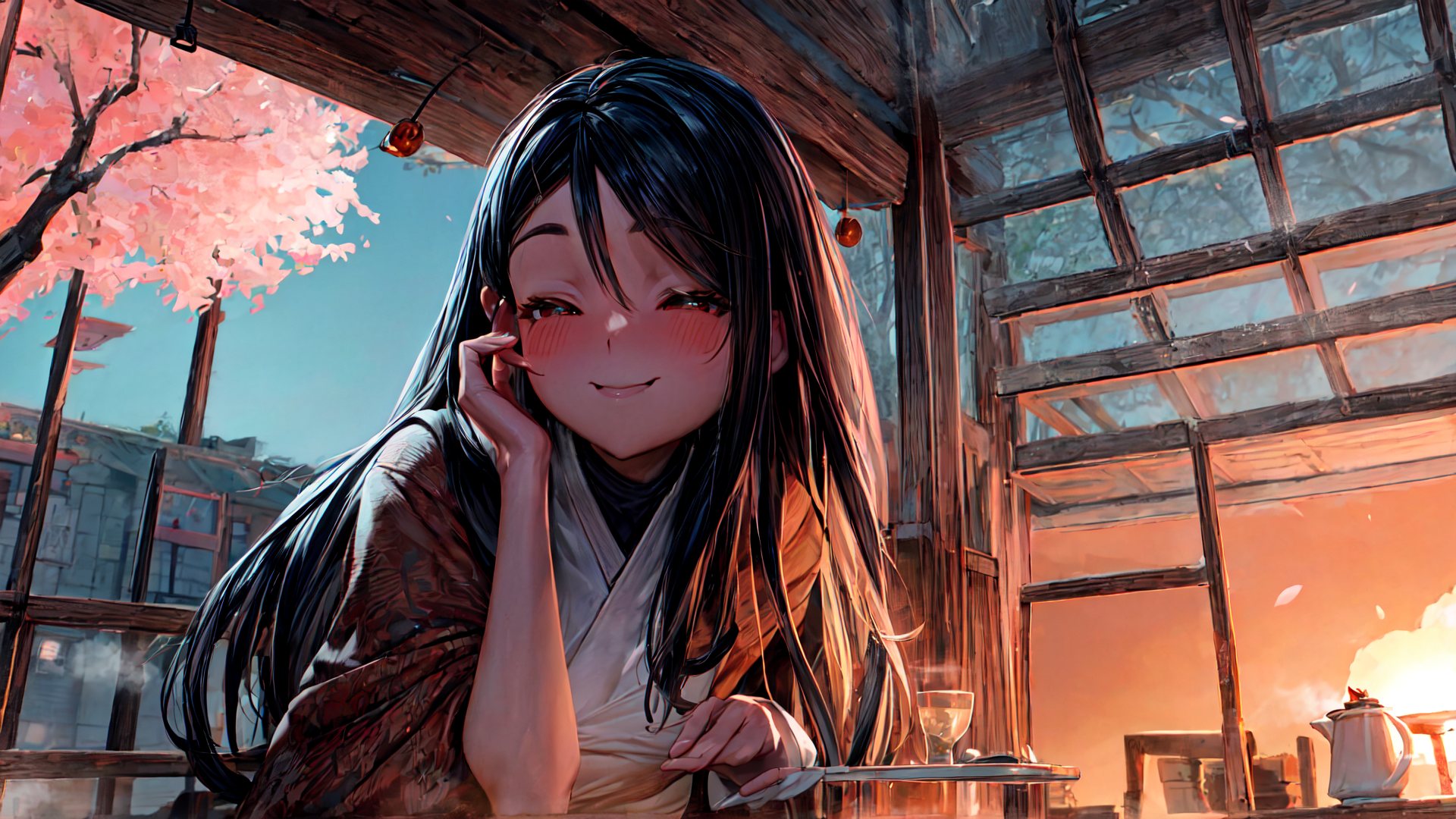 AI generated wallpaper featuring girl, cherry blossom, wooden house, kimono, teapot, wine glass, bell, sunlight, sky, window