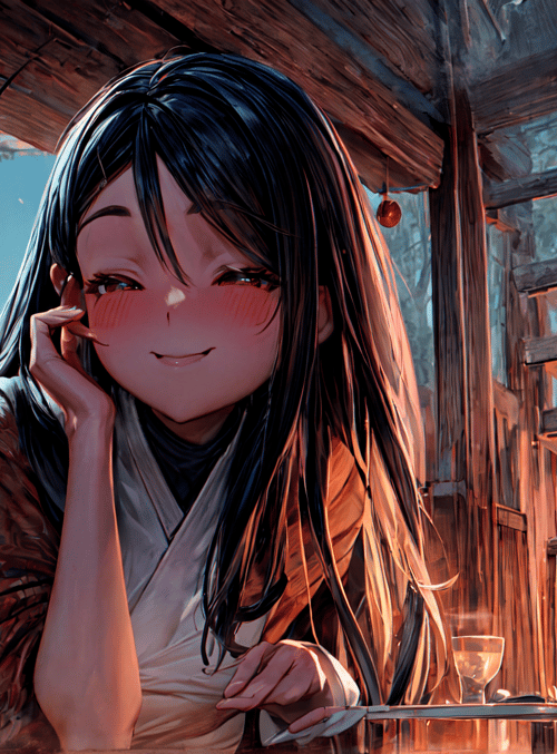 girl, cherry blossom, wooden house, kimono, teapot, wine glass, bell, sunlight, sky, window